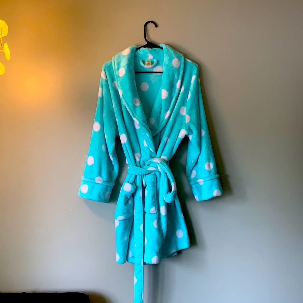 Plush Turquoise & White Sonoma Polka Dot SUPER SOFT short robe